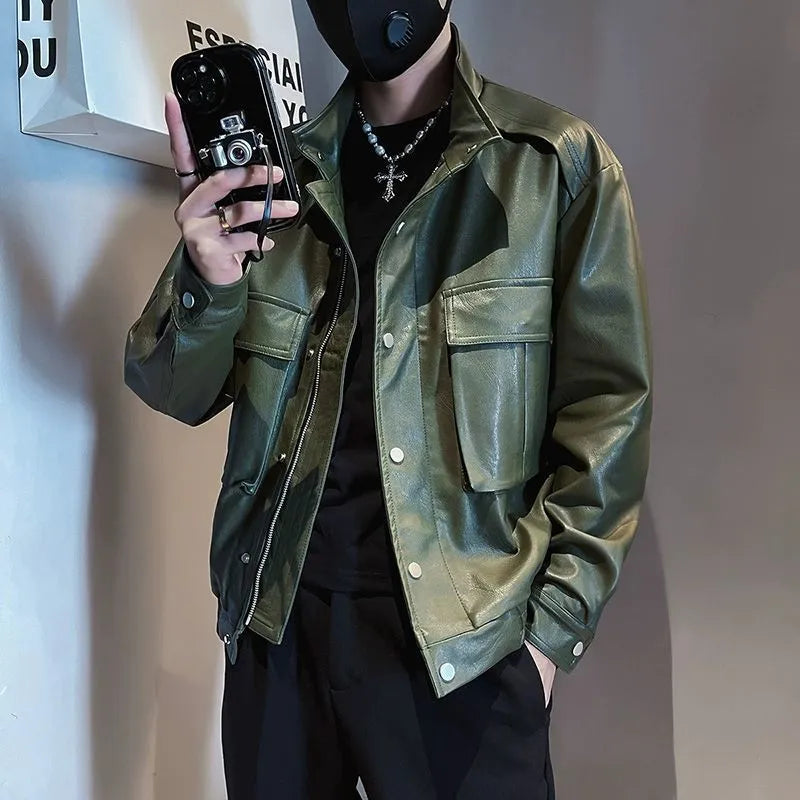 Men's black PU leather jacket with a straight hem and side pockets, Korean style.