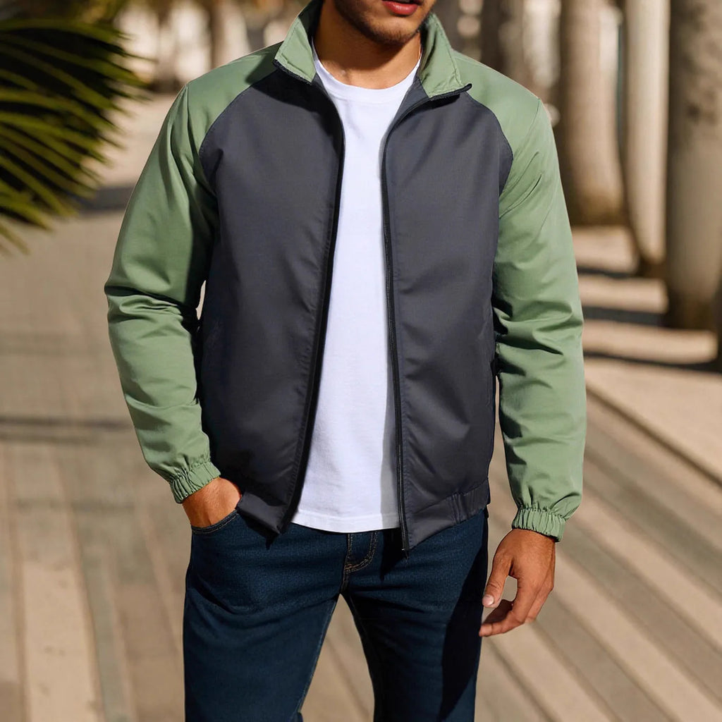 Men's casual coat with stand collar and contrast colour, loose fit raglan sleeve in polyester blend