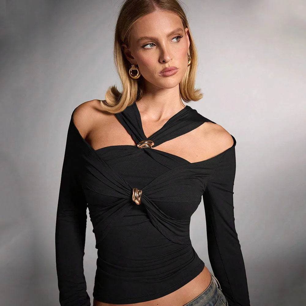 Black polyester women's halter top with long sleeves and slim fit