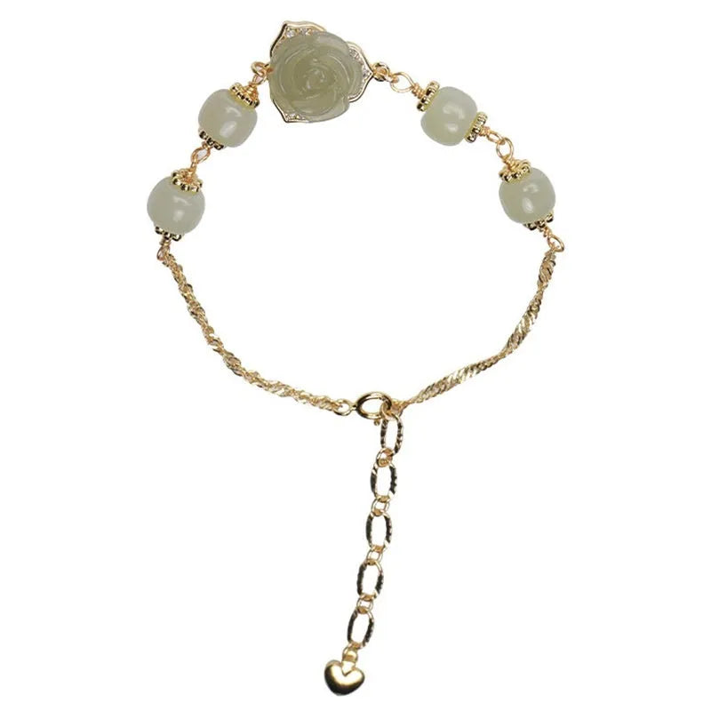 Women's bracelet with Hetian jade rose flower design and 14K gilded construction