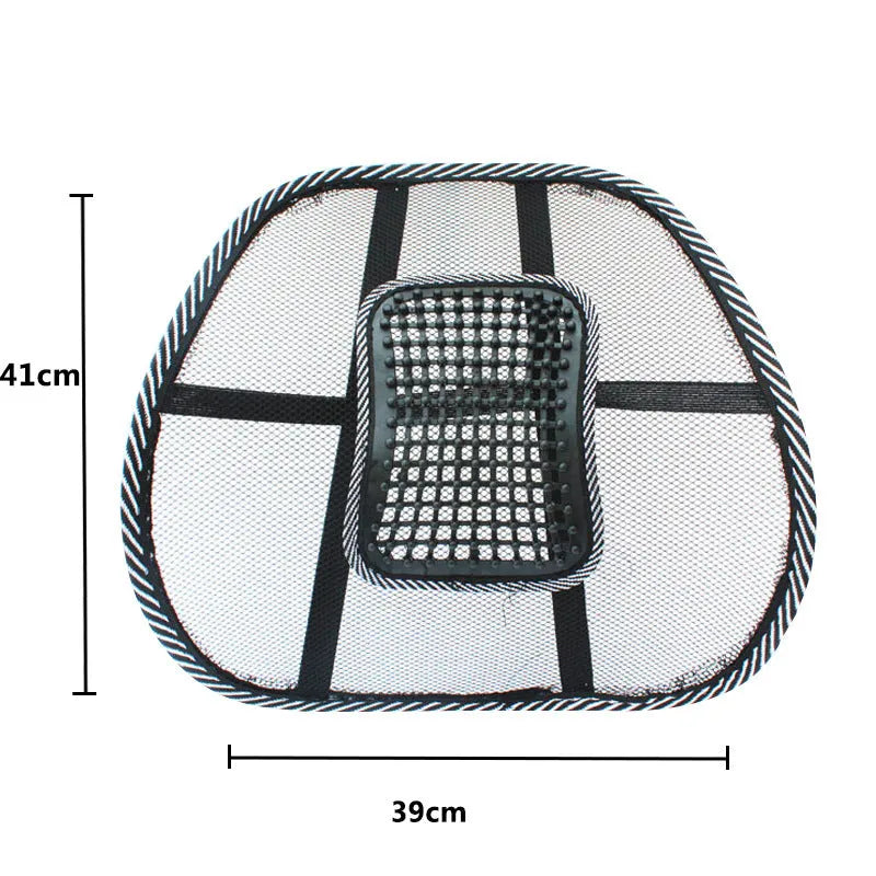 Black polypropylene fibre car lumbar support pillow measuring 41 by 39 centimetres