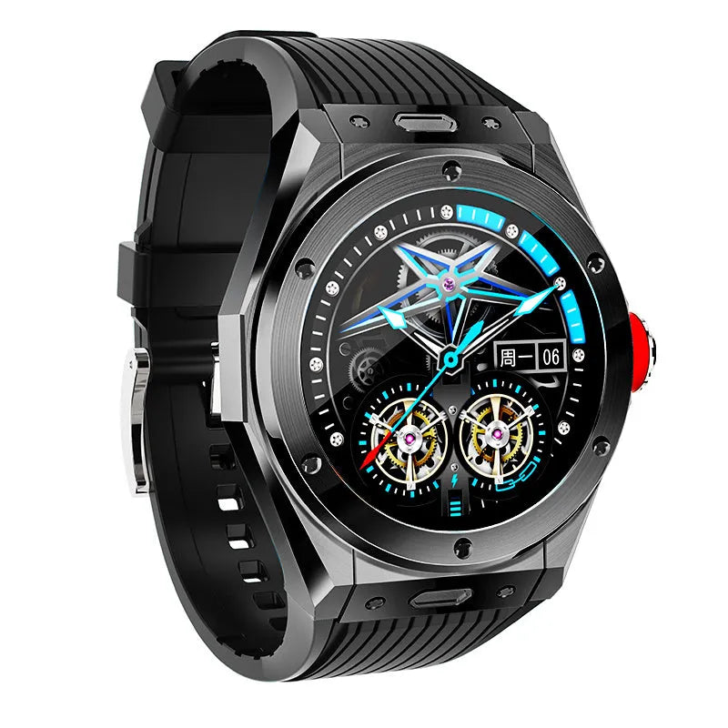 MV58 smart watch with 1.28 inch TFT screen and black silicone strap on wrist displaying heart rate data