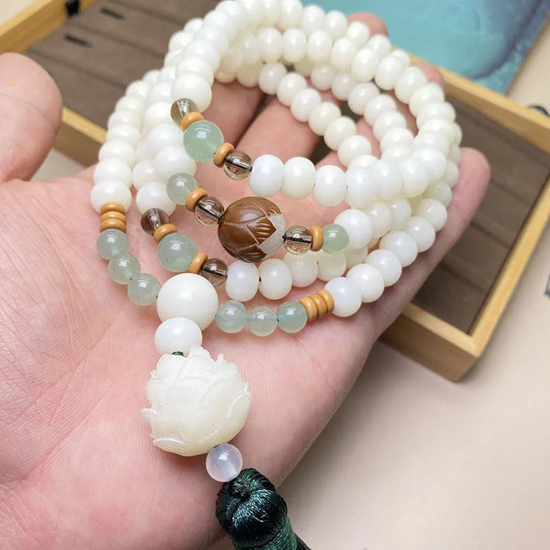 White Jade Bodhi beaded bracelet with 108 beads in unisex design, showing size and style options.