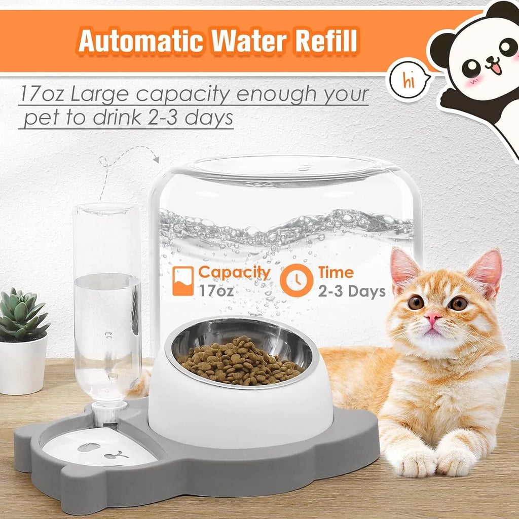 Grey panda-shaped elevated pet bowl set with automatic water dispenser and tilted stainless steel food bowl