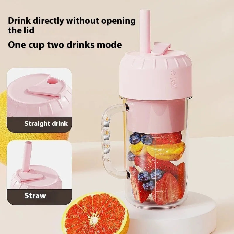 Portable USB charging juicer in avocado green or cherry blossom pink with 150W motor