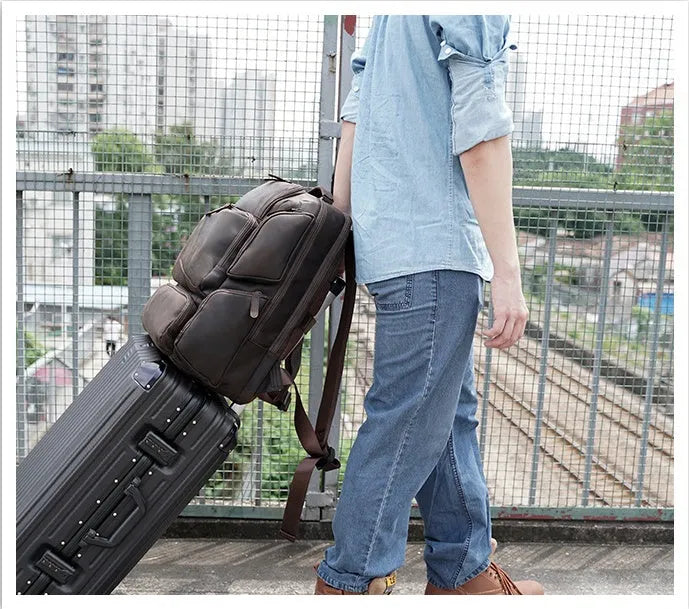 Dark brown retro leather backpack for 17-inch laptops with multiple compartments and shoulder straps