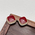 Red geometric square earrings with inlaid design, alloy construction with seiko treatment