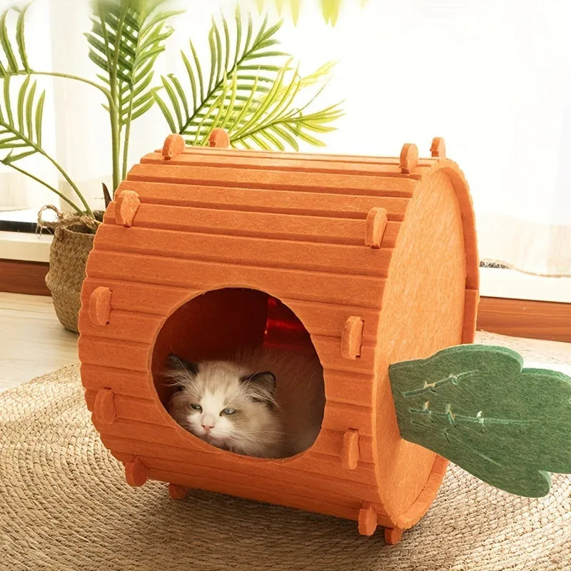 Grey felt cat tunnel leading into a semi-enclosed nest, shown in M and L sizes.