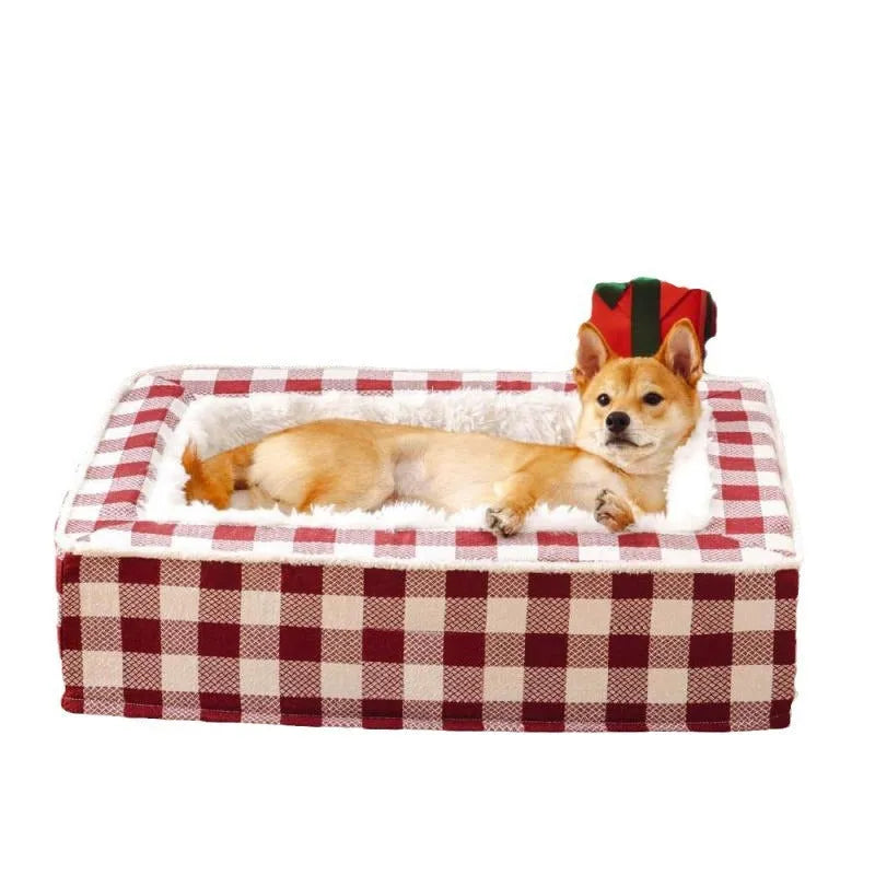 Classic plaid kennel dog bed cushion in four colours with removable washable cover, sizes M L XL