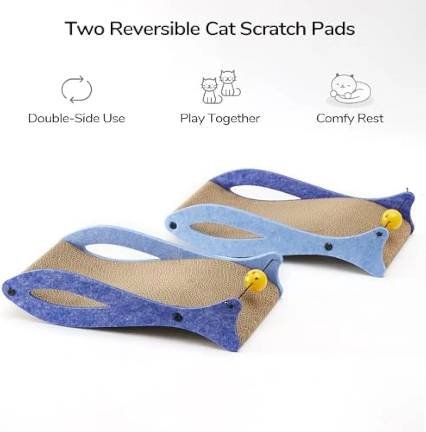 Blue fish-shaped cardboard cat scratcher lounge with integrated bell ball toy.