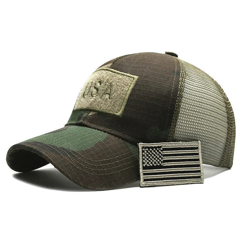 Tactical baseball hat with adjustable Velcro strap and camouflage pattern options