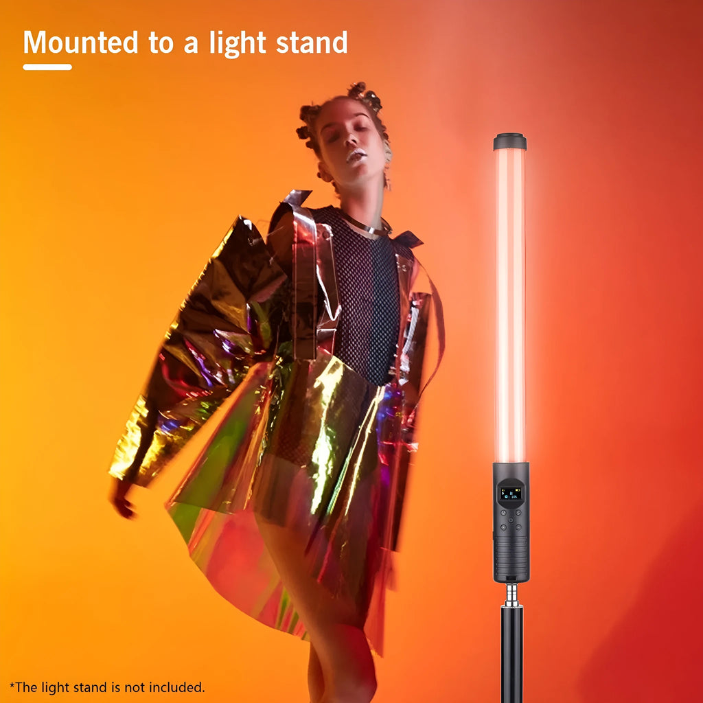 Dual colour temperature handheld LED photography light stick with 114 lamp beads, 200 lm, RGB modes, and 1/4 inch screw mount in use