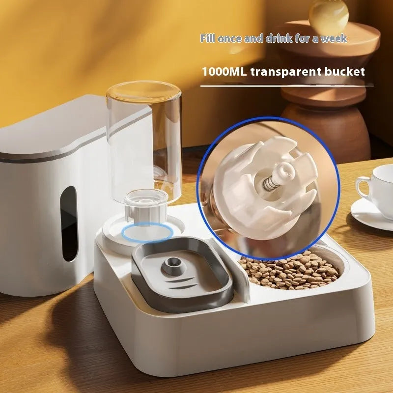 Grey automatic cat feeder with integrated water dispenser and stainless steel bowls