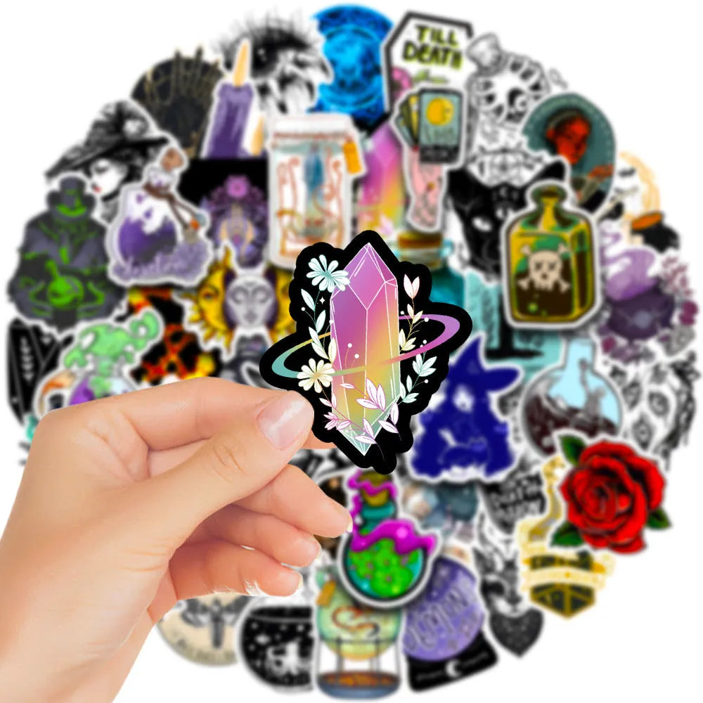 Waterproof PVC laptop stickers pack with glossy finish showing various designs and 3-8cm sizes