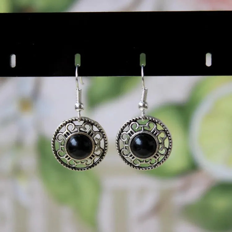 Handmade geometric turquoise flower disk earrings with Tibetan silver Miao ethnic patterns