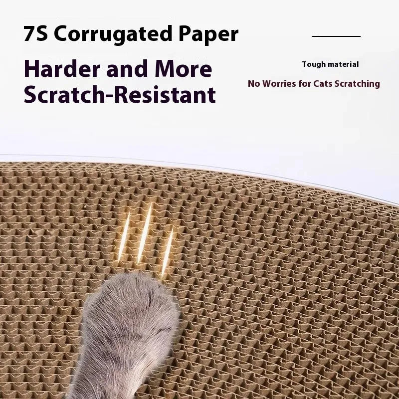 Transparent white PVC and cardboard cat scratch board with integrated tunnel cat bed