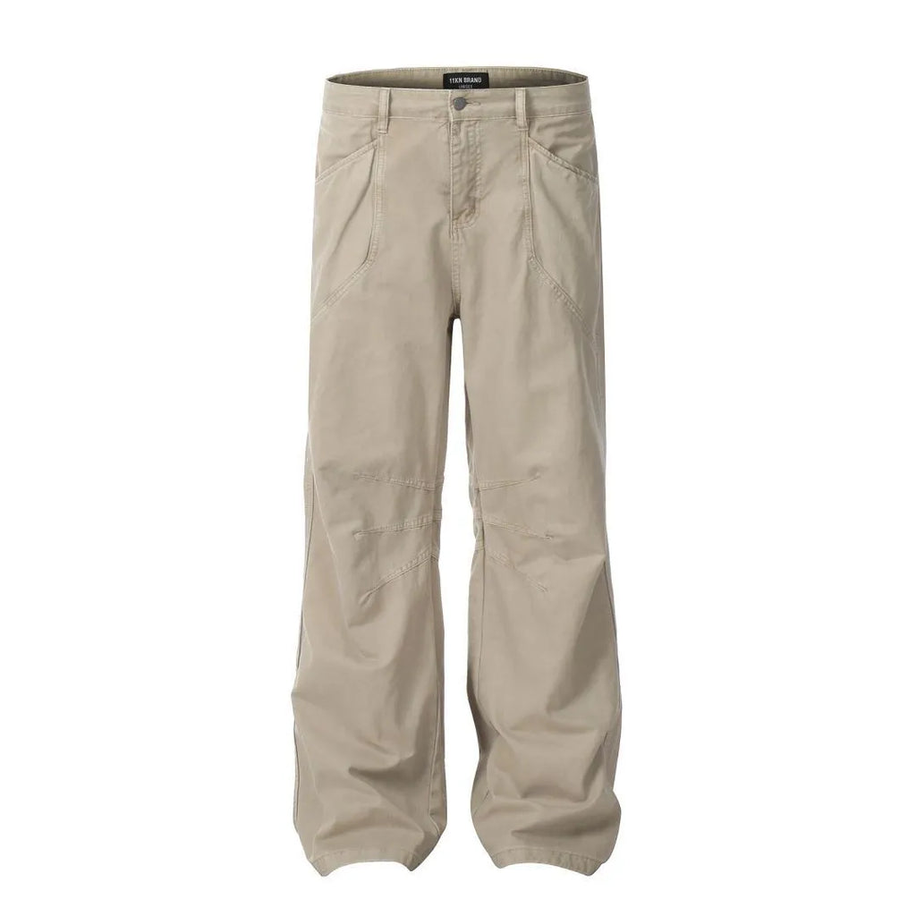 Men's straight-leg wide leg trousers in brown cotton fabric with high waist and zipper fly
