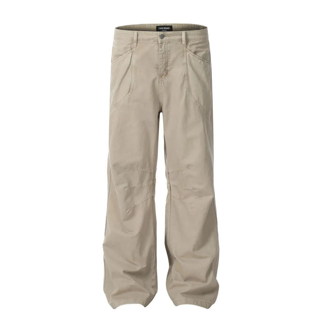 Men's straight-leg wide leg trousers in brown cotton fabric with high waist and zipper fly