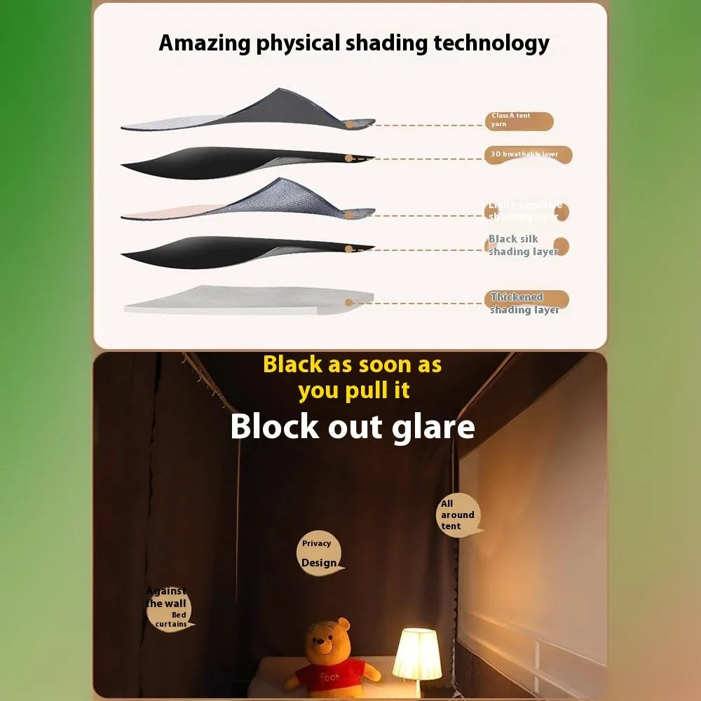 Gentleman grey bed curtains with integrated mosquito net for 0.9m beds showing five-side shading design