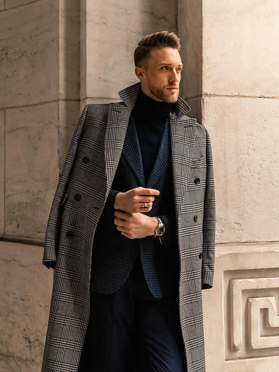 Grey check double breasted wool overcoat with suit collar and horn clasp, medium length men's winter coat