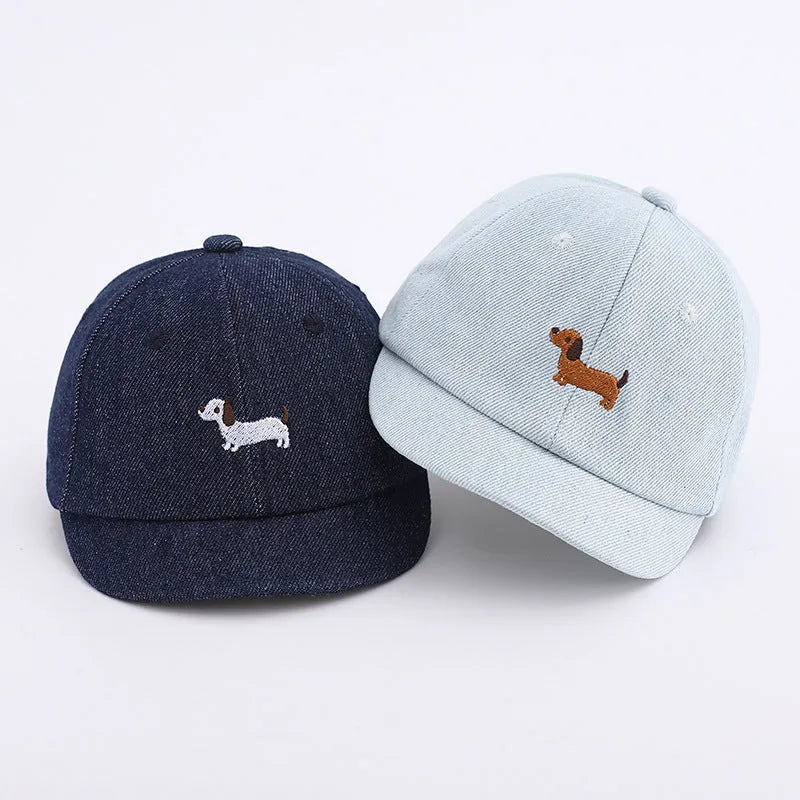 Baby denim baseball cap with puppy brim in blue, size 48cm, dome crown style