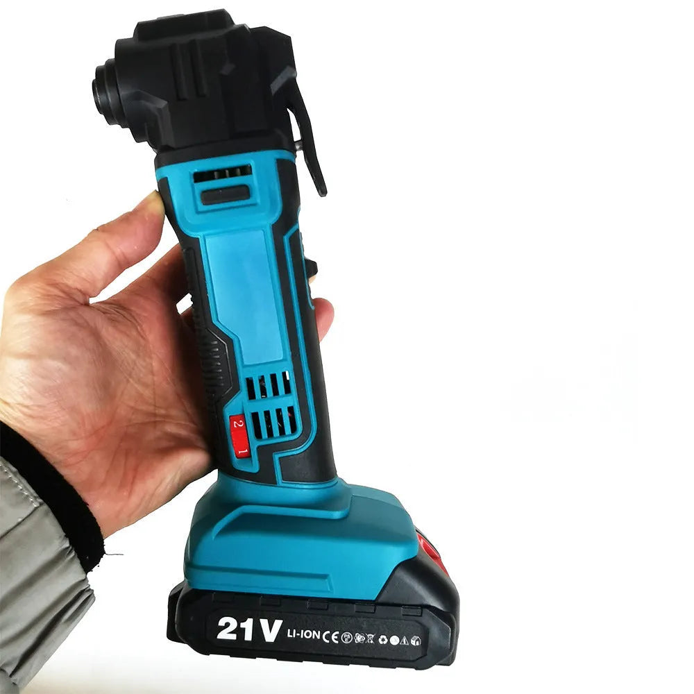 Rechargeable brushless lithium battery lawn trimmer with accessories in a plastic storage box.