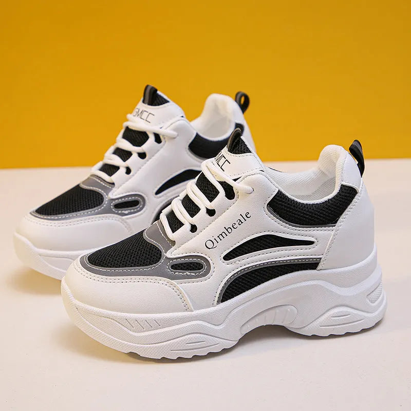 White mesh and PU dad sneakers with height-increasing platform sole and 6-8cm wedge heel