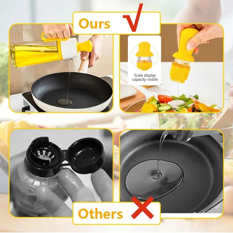 2-in-1 oil dispenser with silicone brush head and 304 stainless steel nozzle, 550ml glass bottle in yellow