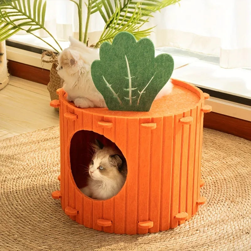 Grey felt cat tunnel leading into a semi-enclosed nest, shown in M and L sizes.