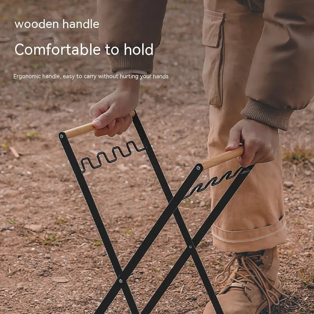 Outdoor folding garbage storage hanger with wrought iron frame and wooden handle.
