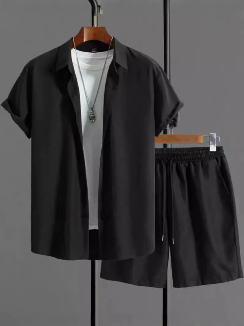 Men's jacquard patterned short-sleeve shirt and matching shorts suit set in a solid colour.