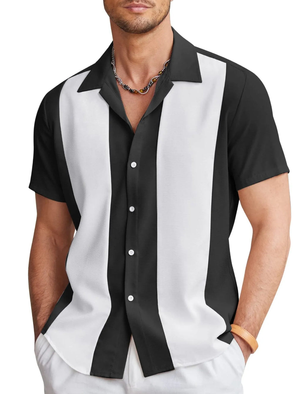 Men's slim fit short sleeve shirt with digital print in a tropical pattern, shown on model