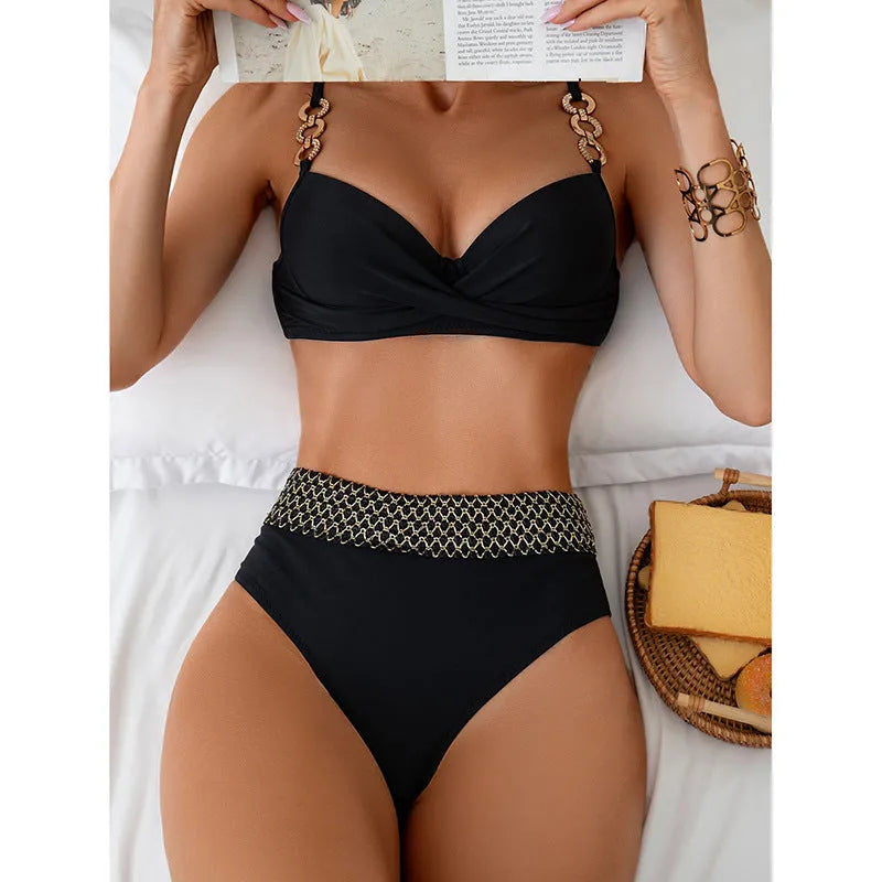 Black bikini split swimsuit with high-elasticity polyester fibre fabric, sleeveless briefs style, sizes S to XL