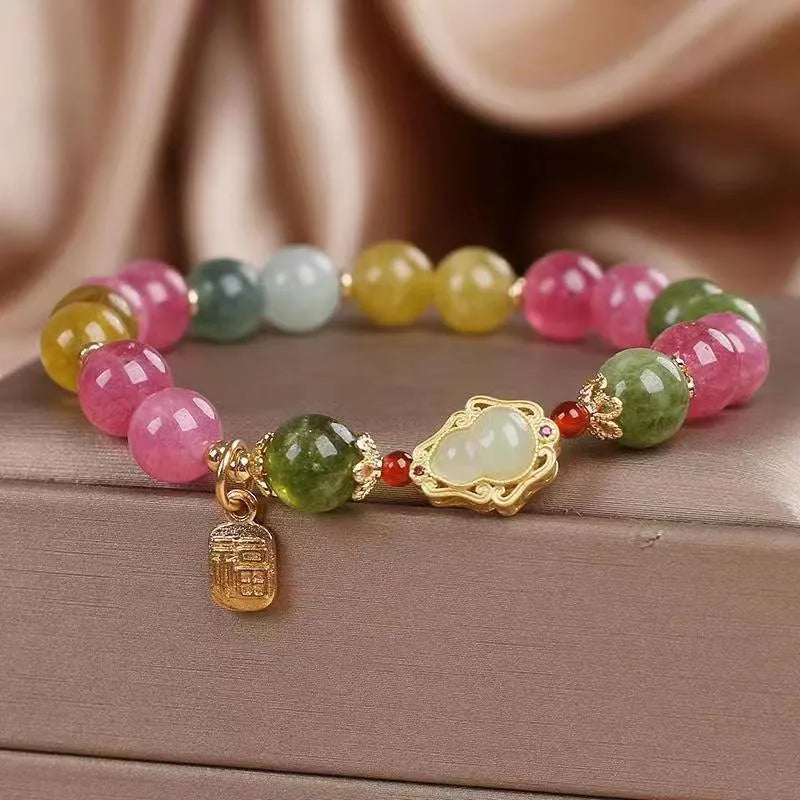 Colourful tourmaline gourd blessing card flower-shaped women's bracelet with mixed material and electroplated finish