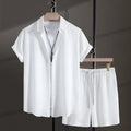 Men's white cotton blend beach shirt and shorts suit on hanger