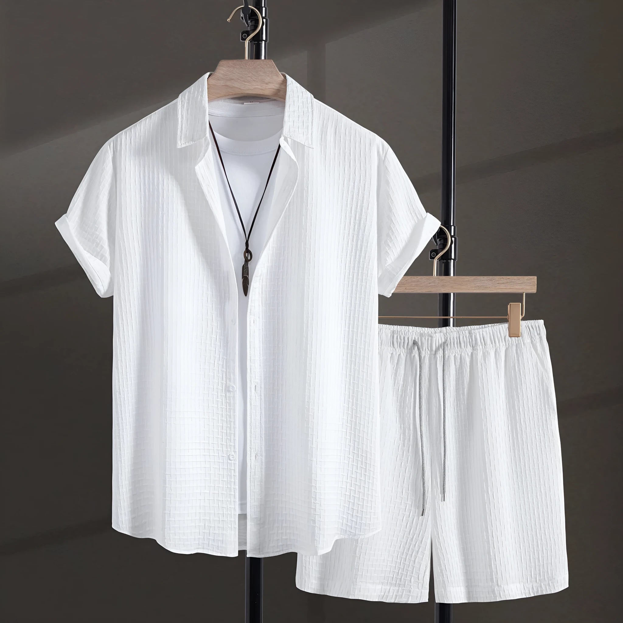 Men's white cotton blend beach shirt and shorts suit on hanger