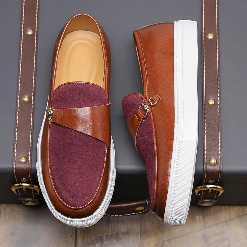 Men's horsebit buckle slip-on loafers in black and red, artificial leather upper, round toe, rubber sole