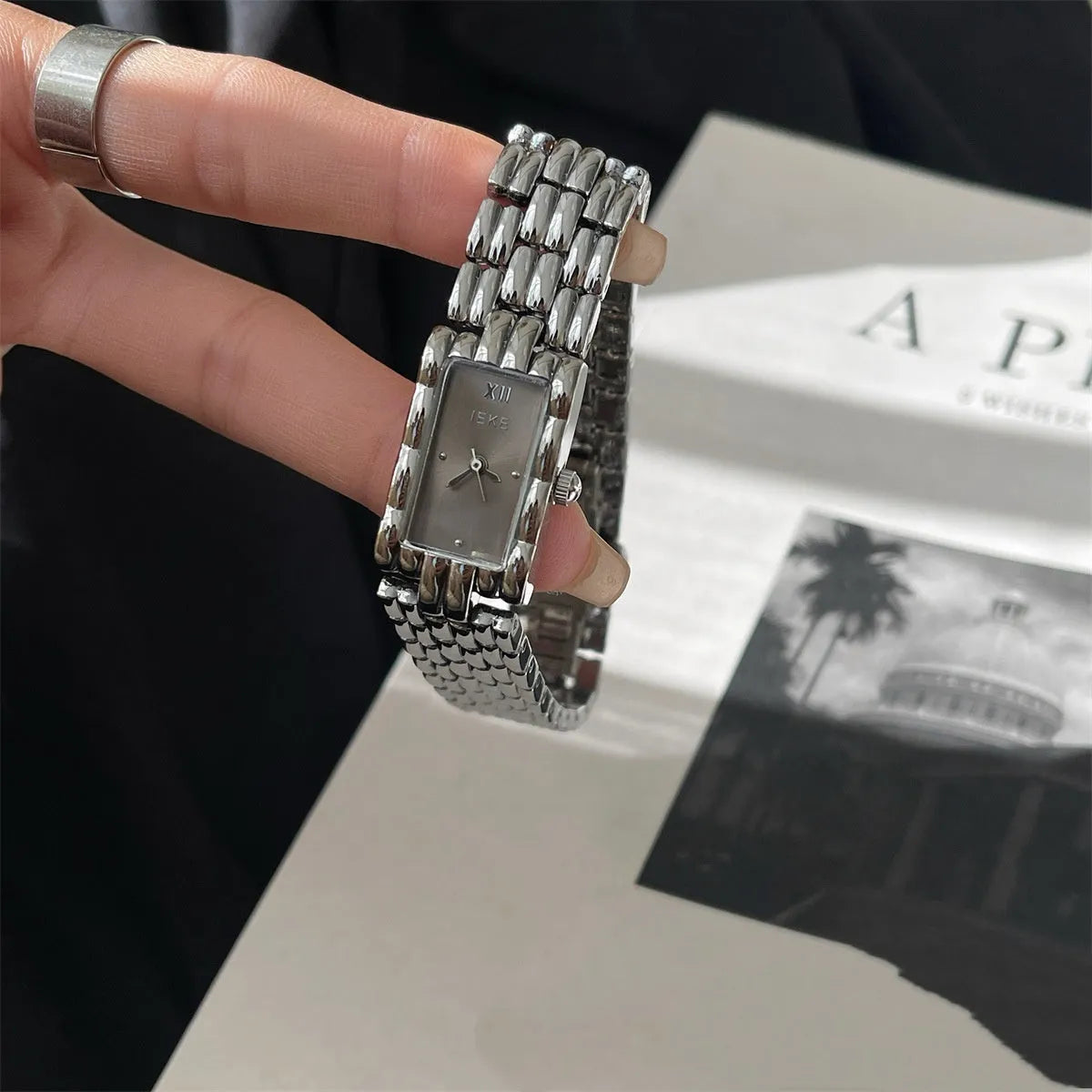 Women's mid-century vintage inspired bracelet watch with stainless steel case and mineral glass crystal