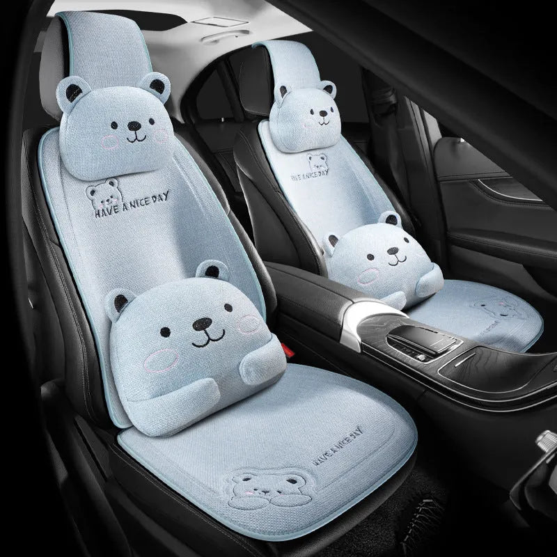 Cure Bear linen car seat cushion set with headrest and lumbar support pillow in pearl white