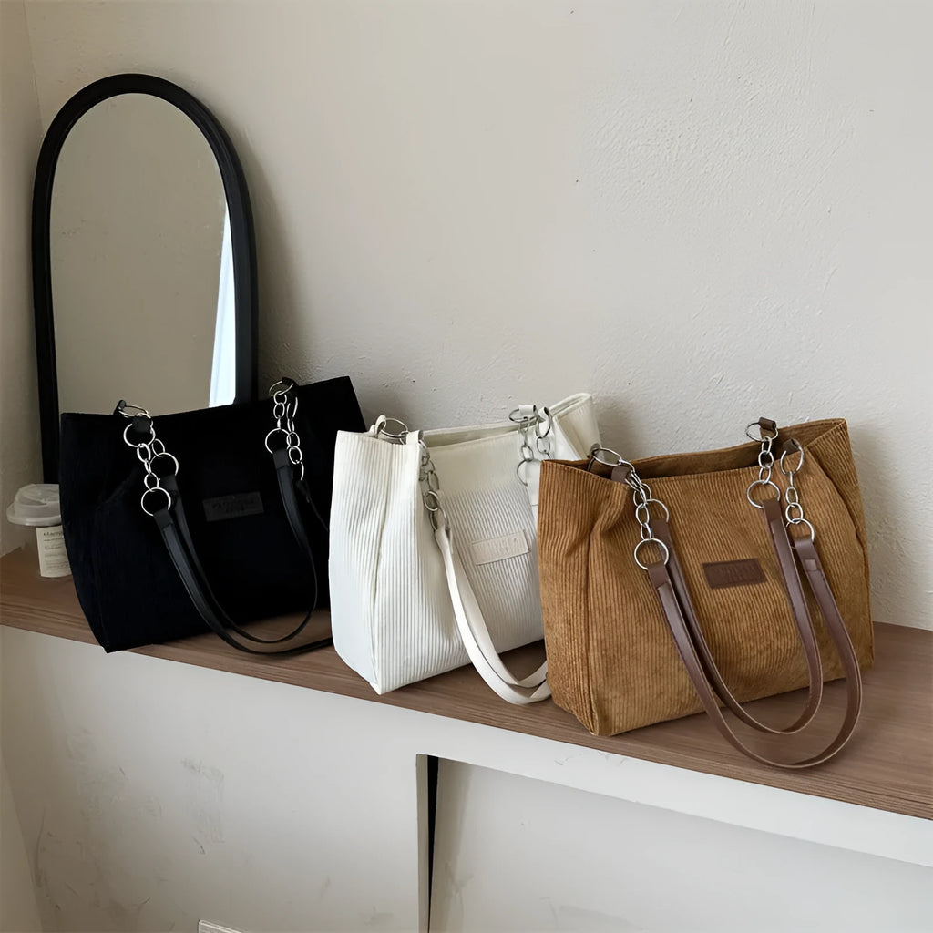 Corduroy one-shoulder tote bag in horizontal square shape with internal pockets