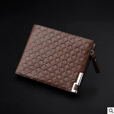 Men's embossed PU leather short business wallet with plaid pattern, 12x9.5x1.5cm, horizontal black colour