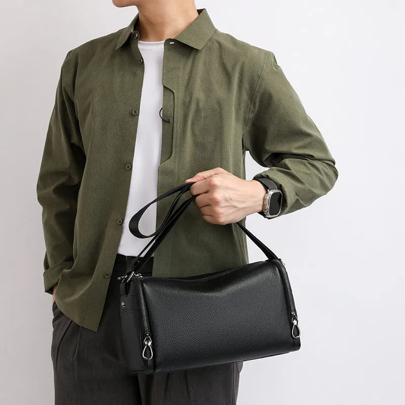 Genuine leather crossbody bag for men, black, with stitching detail and large capacity for business travel
