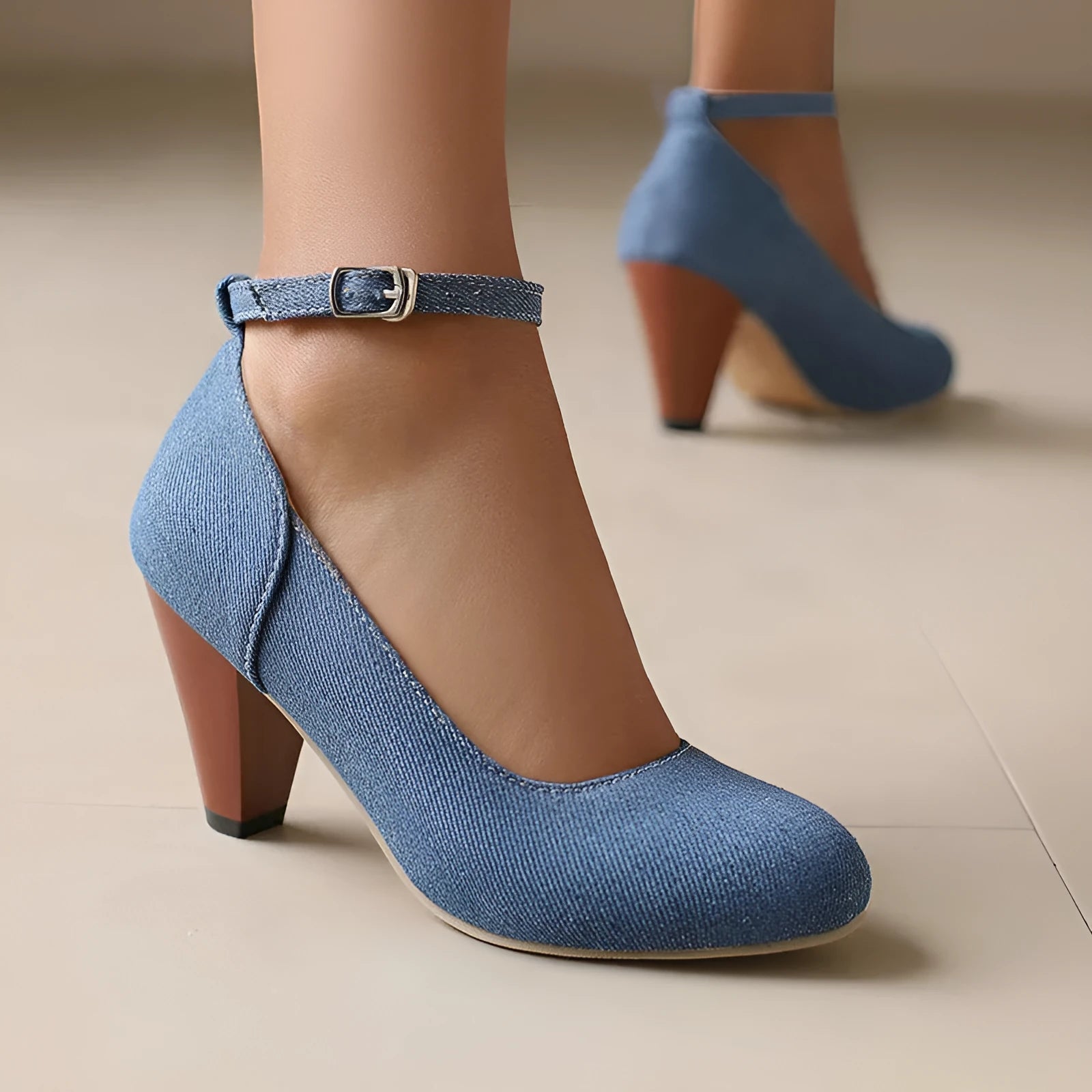 Denim women's high heel platform shoes with buckle fastening, round toe, shallow mouth, in solid colour, side view