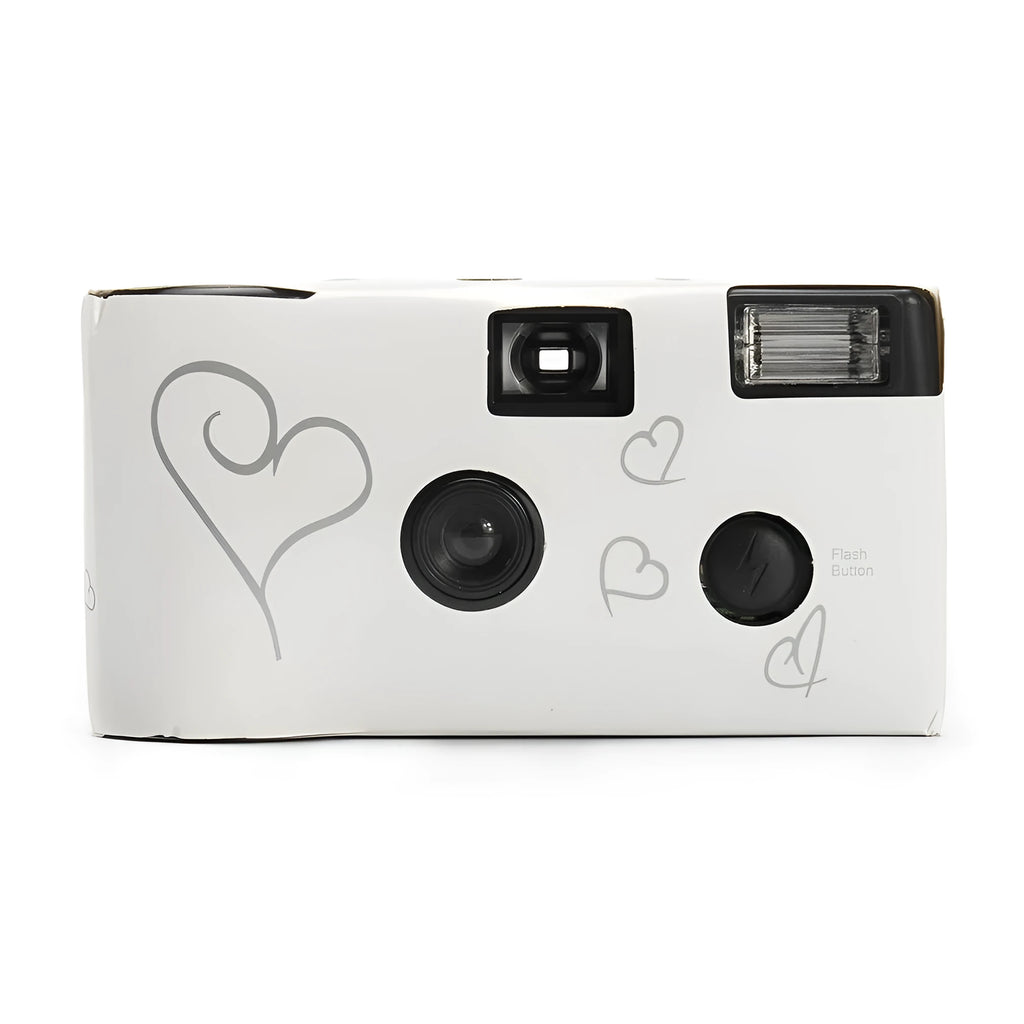 White disposable film camera with manual operation and 3x optical zoom, compact 11.5x6.0x3.3cm size