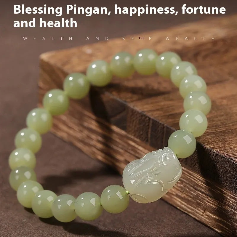 Women's Hetian jade leather show bracelet in national style, polished finish, 8mm bead size on neutral background
