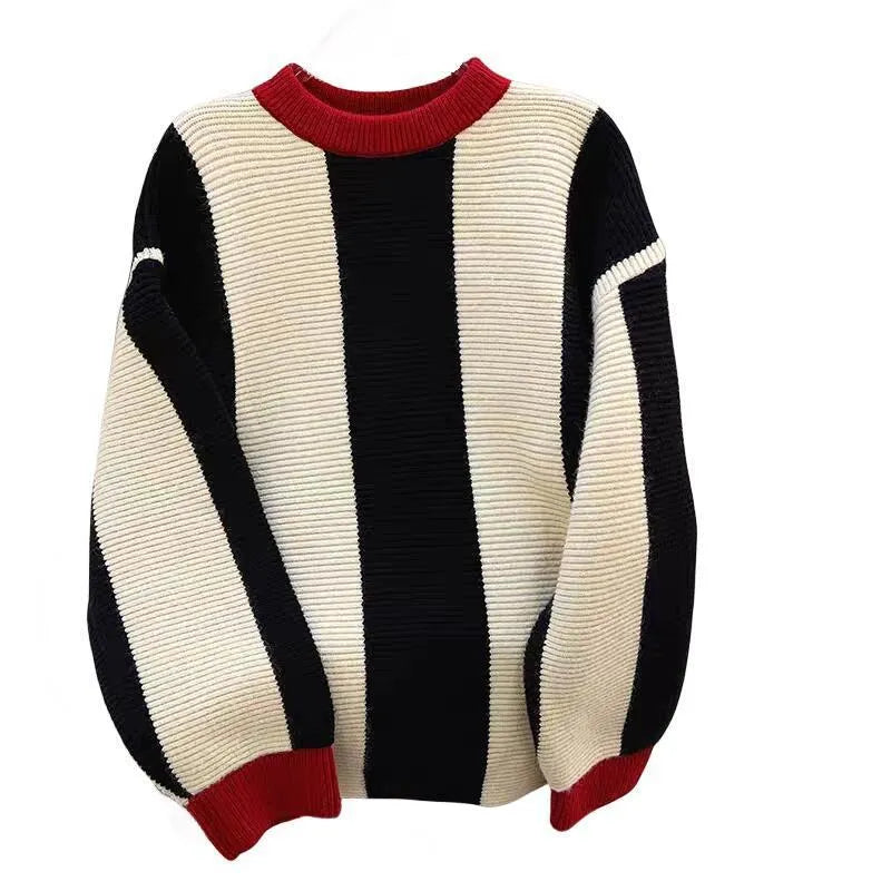 Women's contrast colour striped cashmere pullover sweater with round neck
