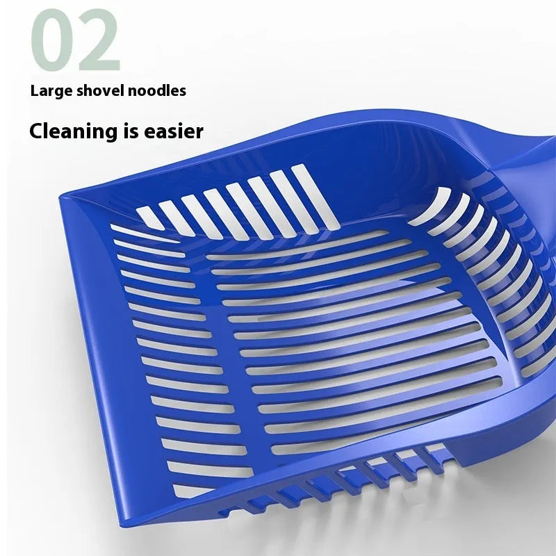 PP plastic cat litter scoop in red, yellow or blue colour options showing small and medium size specifications