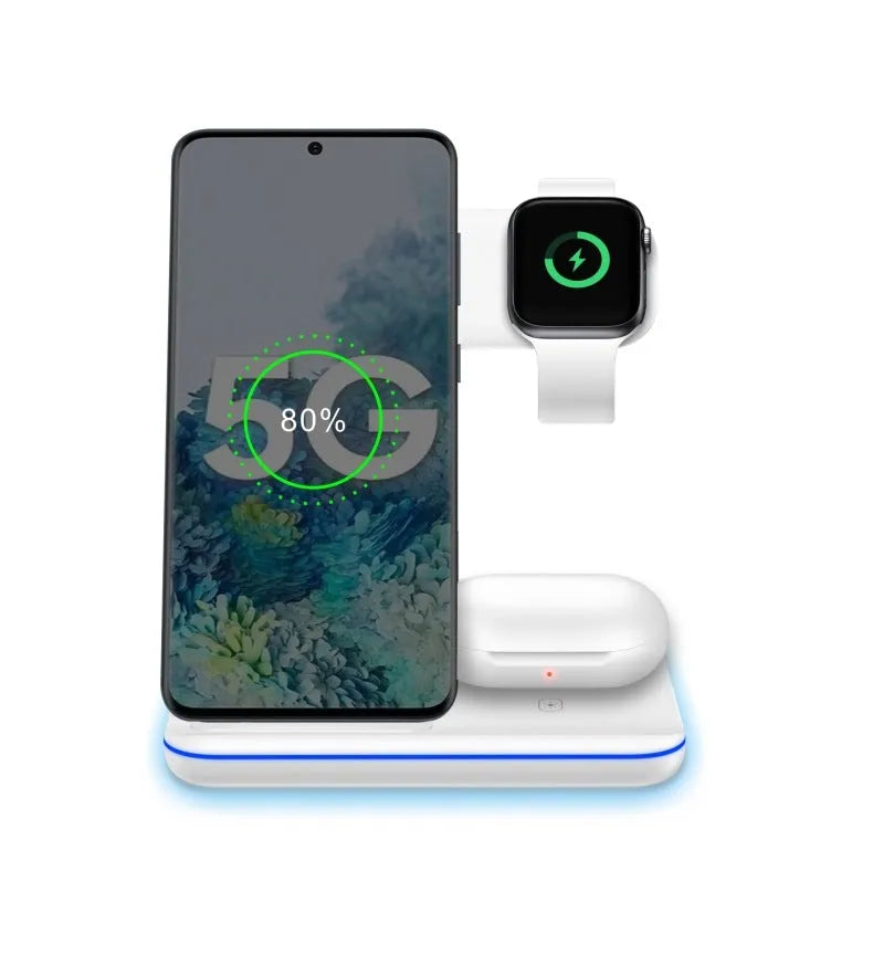 Three-in-one wireless charger stand 15W for phone watch headset in black on desktop