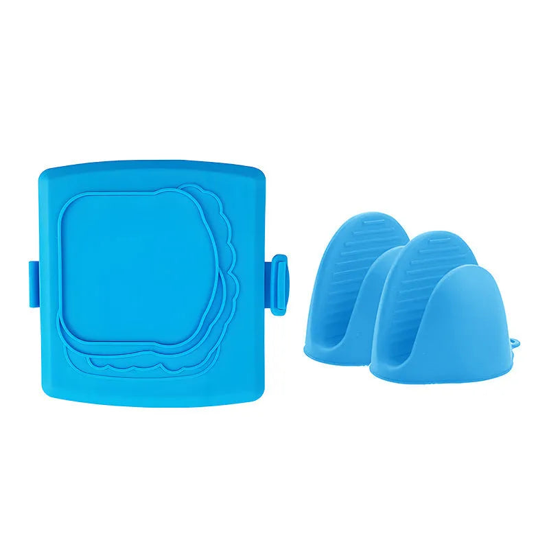 Red silicone baking tray with matching silicone heat-resistant gloves