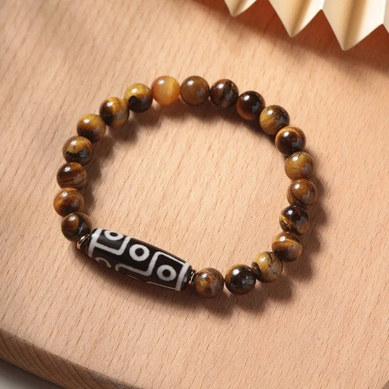 Tigereye Buddha bracelet with single circle design and natural Dzi bead in ethnic style